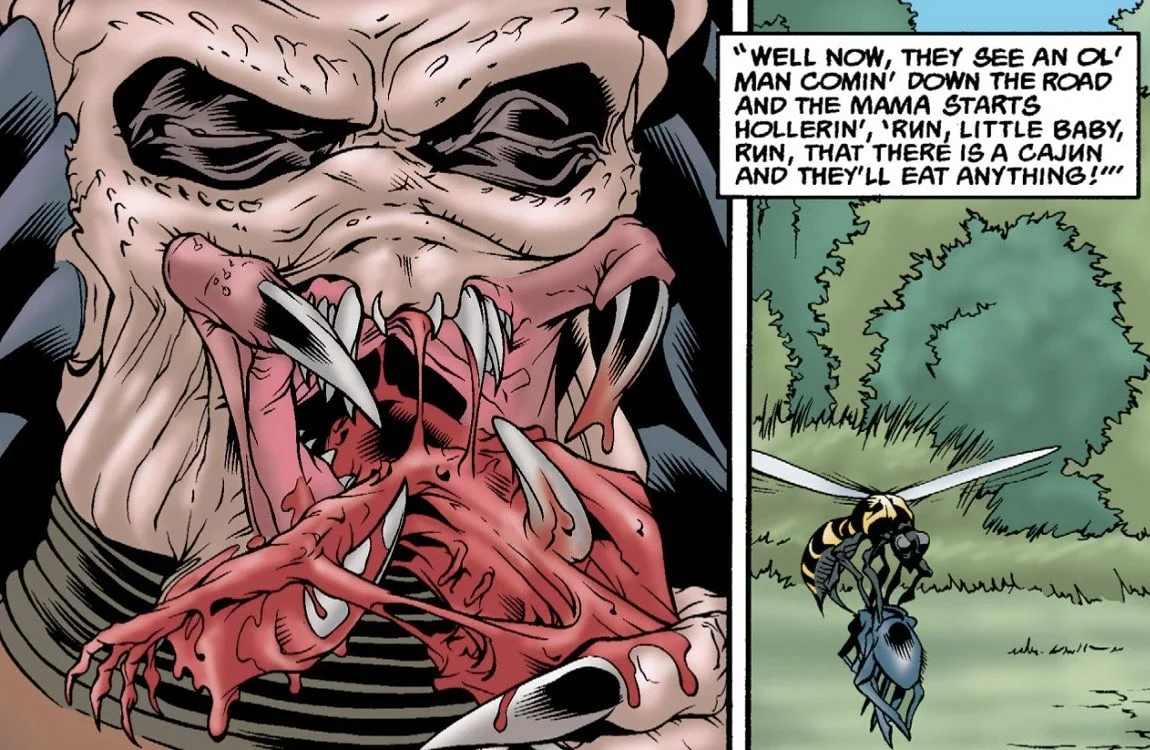 A Yautja eats raw meat in Predator: Strange Roux