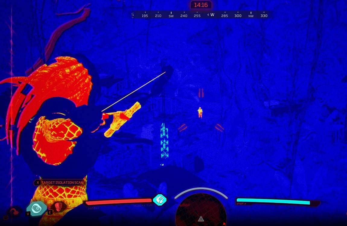 The Predator bow being used in Predator: Hunting Grounds in Predator vision