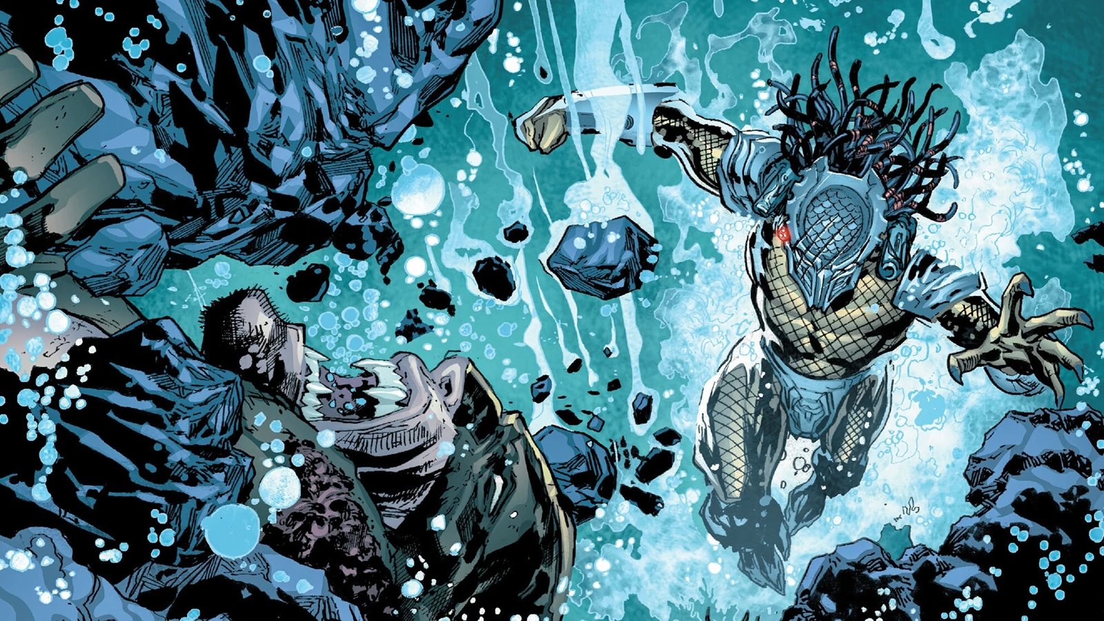 A Yautja and Wolverine underwater from Predator vs. Wolverine