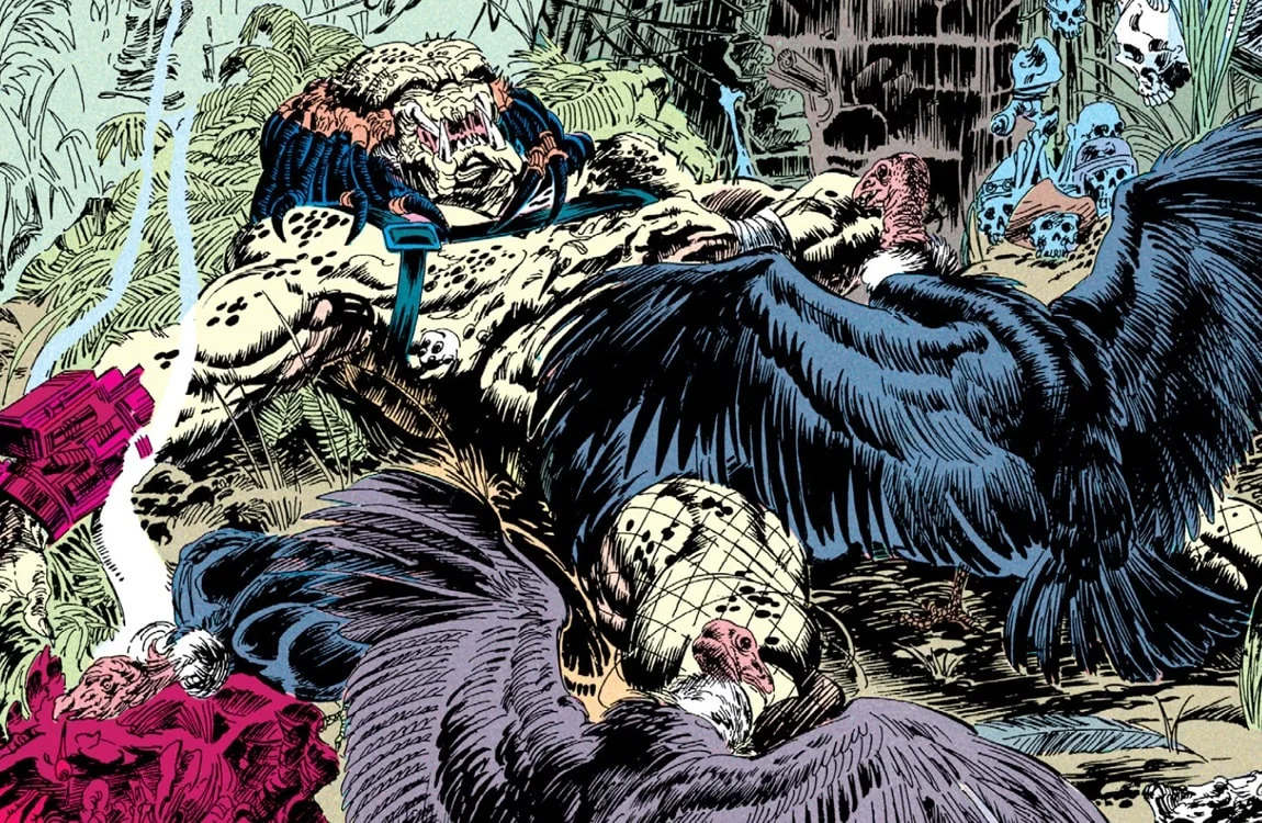 A Yautja resting in a nest surrounded by trophies