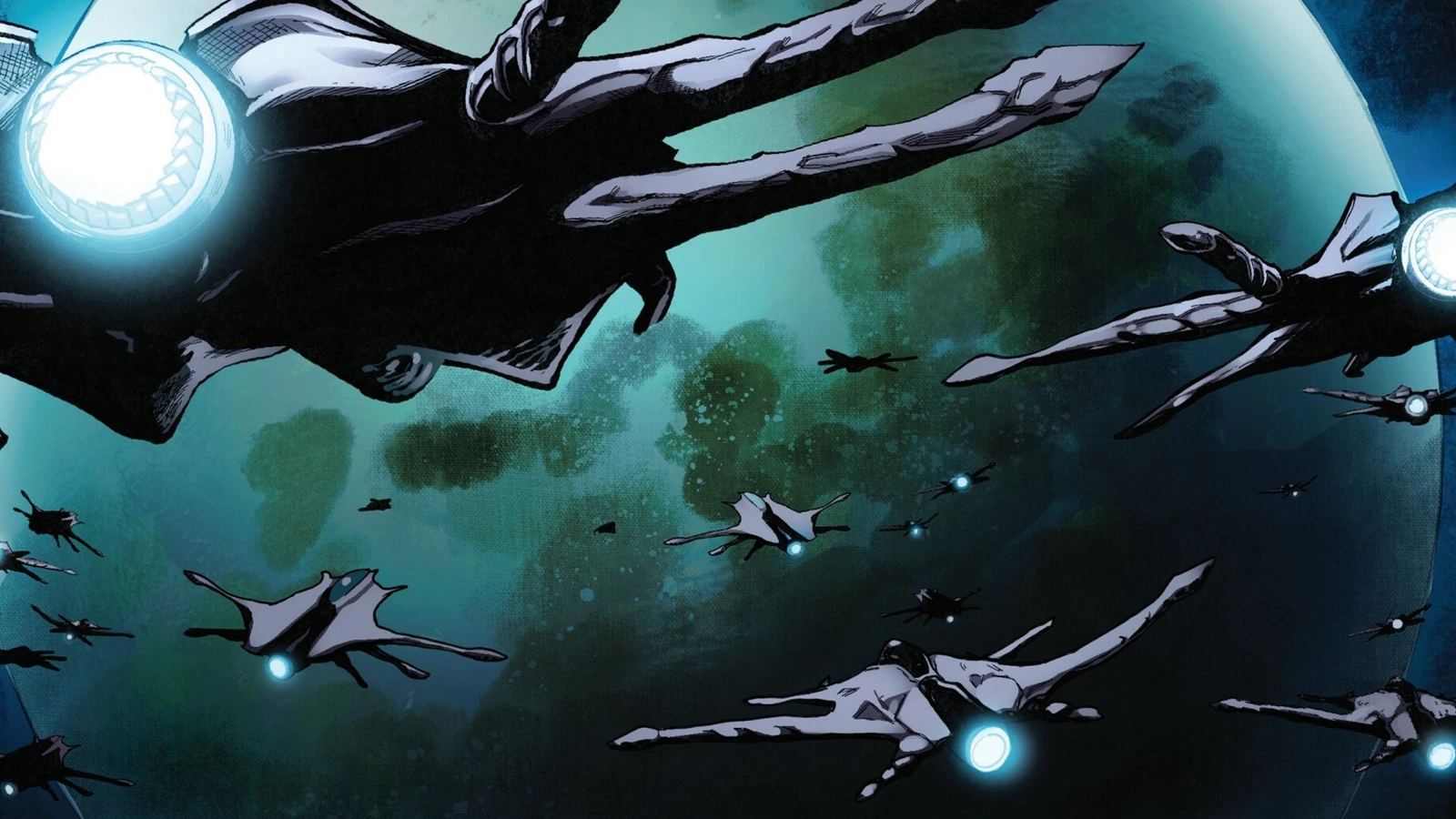 Predator drones invading Earth in Predator: Kills The Marvel Universe