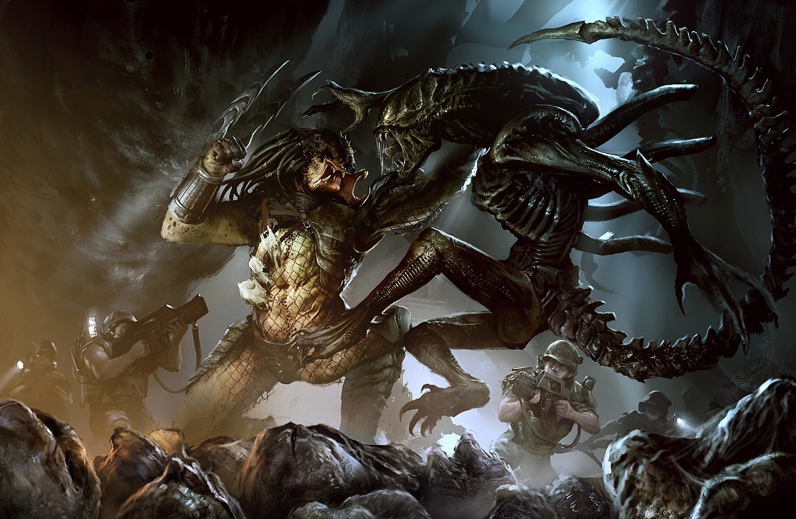 A Predator and Alien fight in close quarters