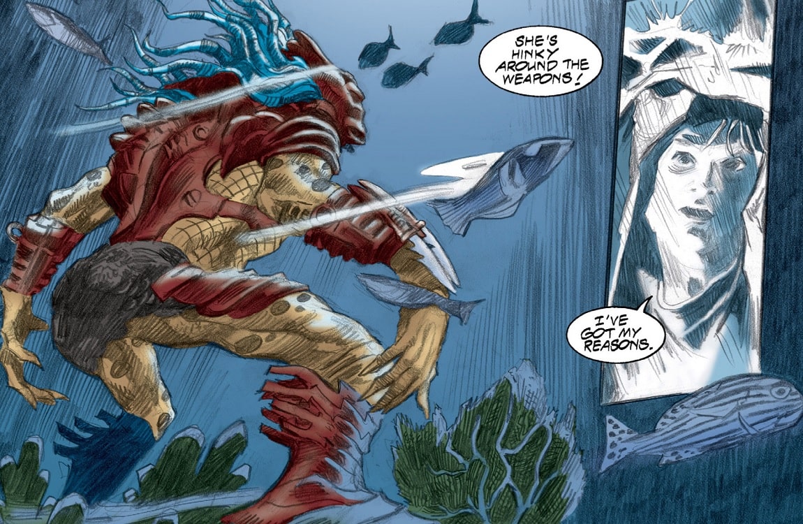 A Yautja swims underwater