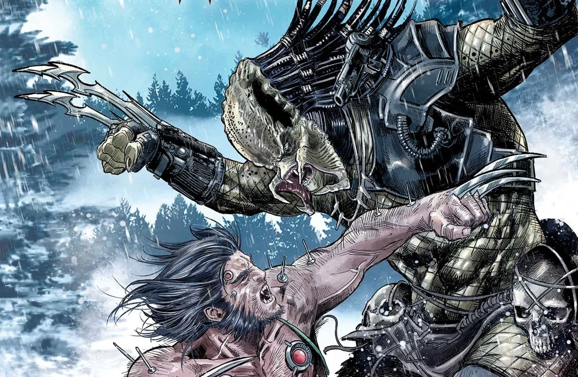 A Predator fights Wolverine, showcasing their height difference