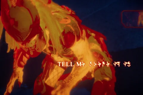 Predator using wrist gauntlet to generate Yautja symbols