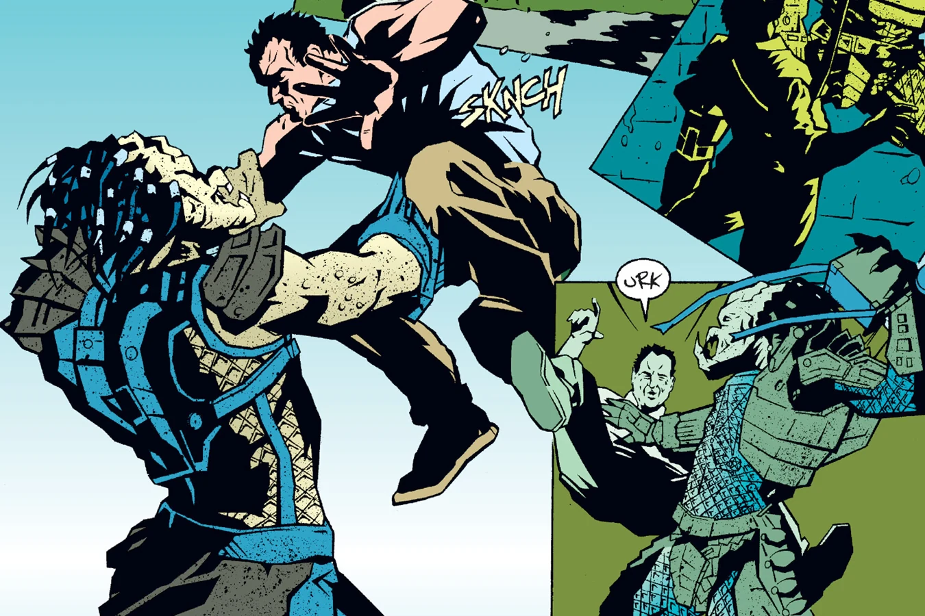 The Predator lifting the shirtless Tony Vincenzo off his feet by the head with a SKNCH, beside a panel of a Predator seizing a man in a suit who gasps URK in Predator: The Hunted City