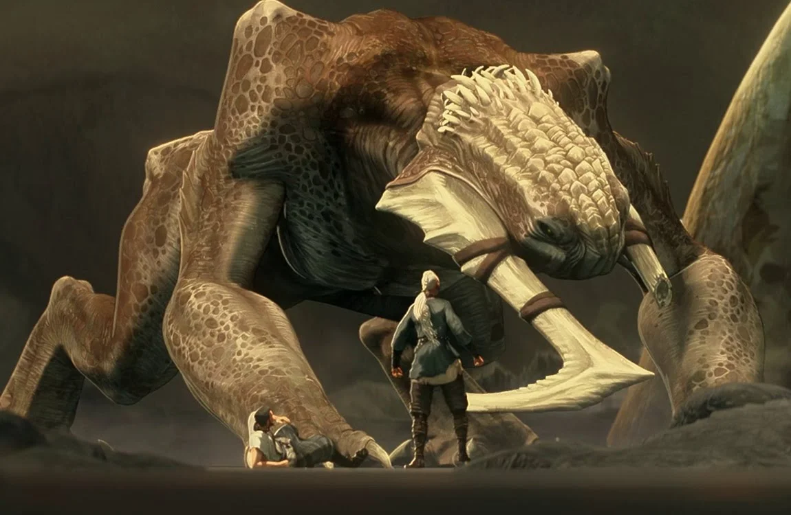 Captured humans in an arena on Yautja Prime fighting a giant monster