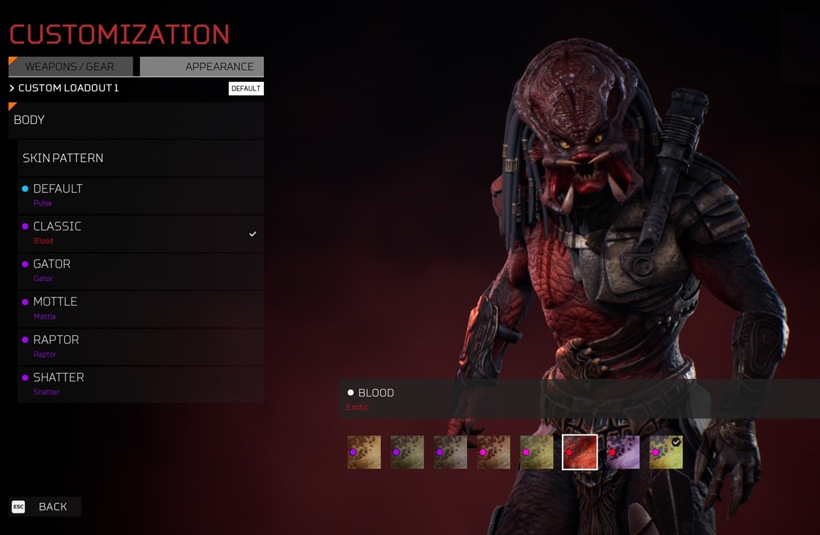 The skin change options in Predator: Hunting Grounds