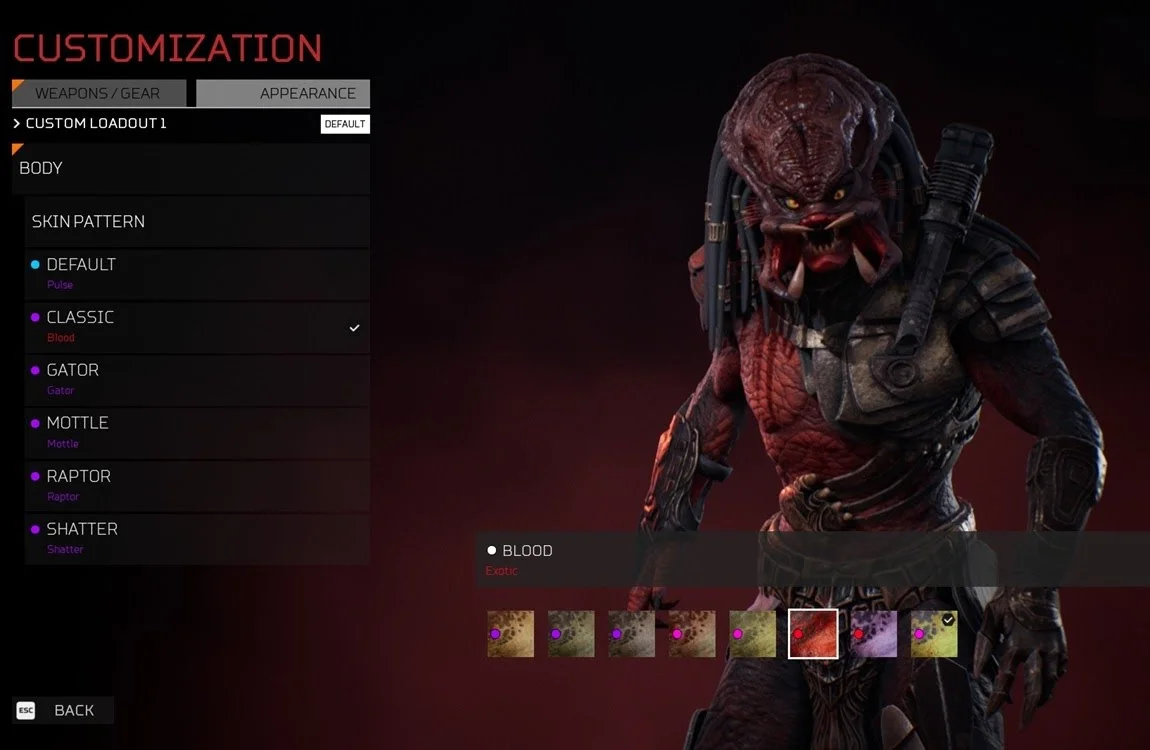 The skin change options in Predator: Hunting Grounds