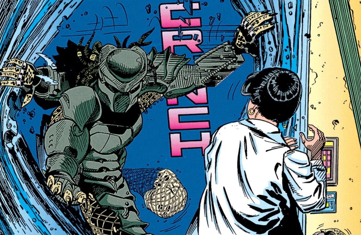 A Predator punches through a wall in the first Aliens vs. Predator comic series