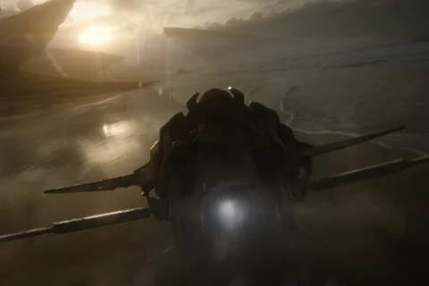 A Yautja riding a hover bike on Yautja Prime