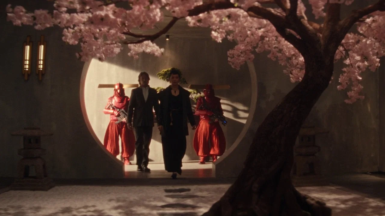 The Yutani family from Alien: Earth with red-armored guards